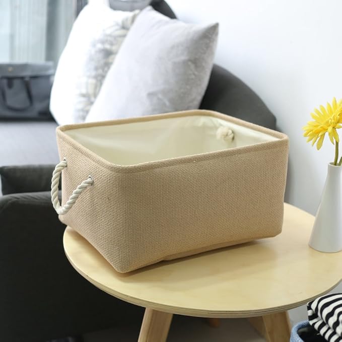 TheWarmHome Decorative Basket Rectangular Small Storage Basket Fabric Storage Bin Organizer Basket with Handles for Clothes Storage (Beige, 11.8L×7.9W×5.2H inch)