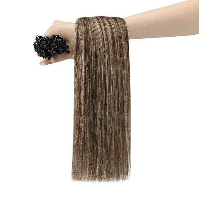 YoungSee Utip Hair Extensions Human Hair Highlight U Tip Hair Extensions Human Hair Brown with Blonde Ktip Hair Extension Real Hair Brown U-Tips Hair Extension 18In 1G/S 50G