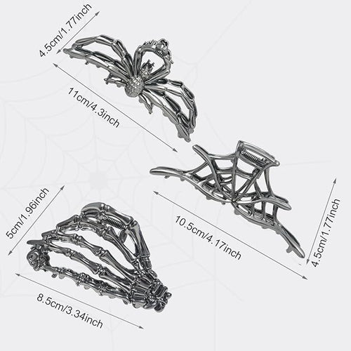 3 Pieces Large Metal Spider Net Hand Hair Claw Clips for Women and Girls Thick Long Hair, Nonslip Skeleton Spooky Barrette Headband Hair Styling Accessories for Halloween Christmas Gifts