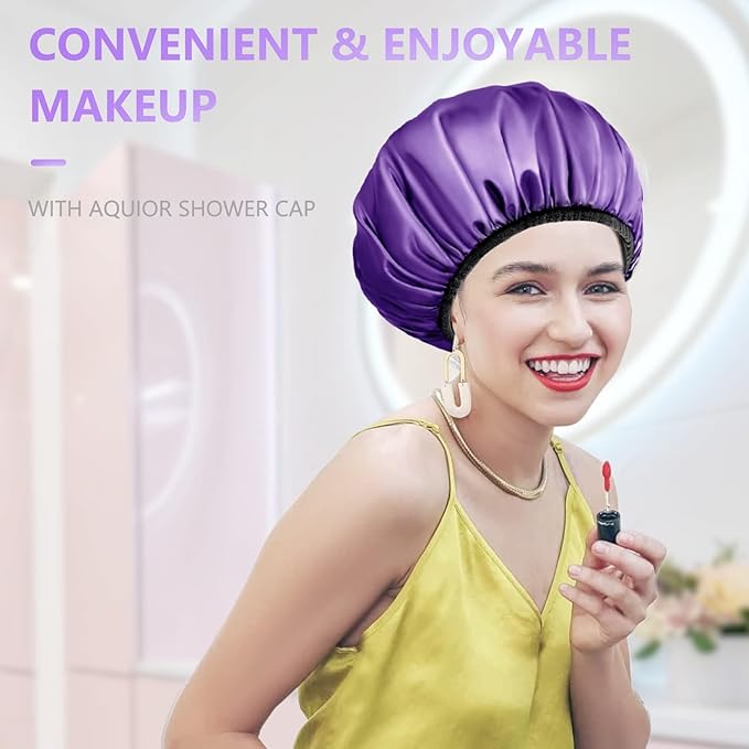 Aquior Shower Cap,Extra Large Triple Layer Bathing Cap with Dry Hair Function for Women Microfiber Terry Cloth Silky Satin 100% Waterproof Reusable Long Hair Bath Caps (Purple)