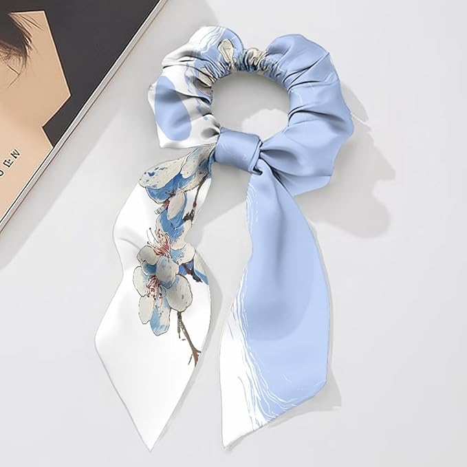 Green Bamboo Print Satin Hair Ties No Damage Long Hair 2 Pcs Floral Blue Knotted Bow Hair Scrunchies Elastic Scarf Scrunchies for Women Girls