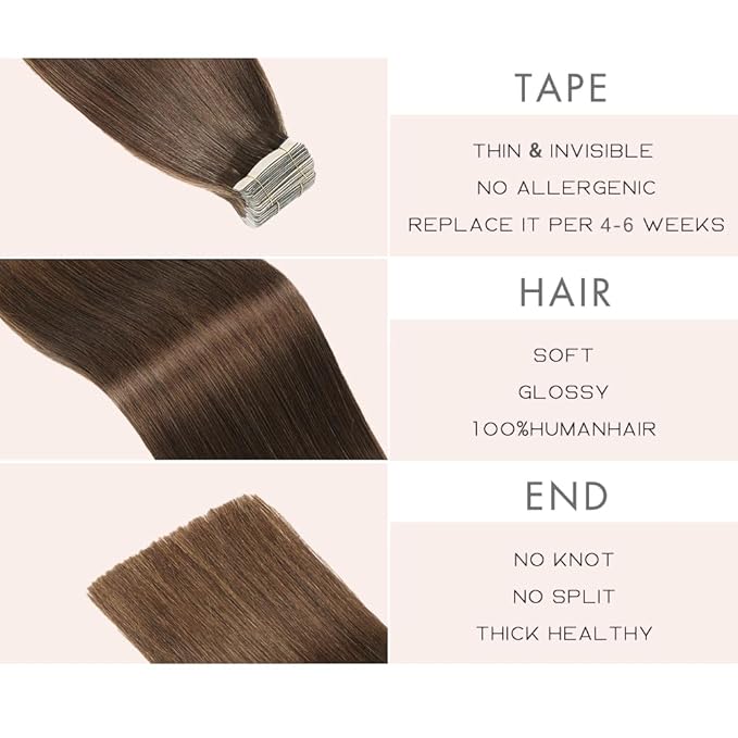 Tape in Hair Extensions 20pcs Remy Hair Extensions 22 Inch Darkest Brown Straight Invisible Human Hair Tape for Skin Weft Tape Seamless Human Hair (4#,22 Inch)