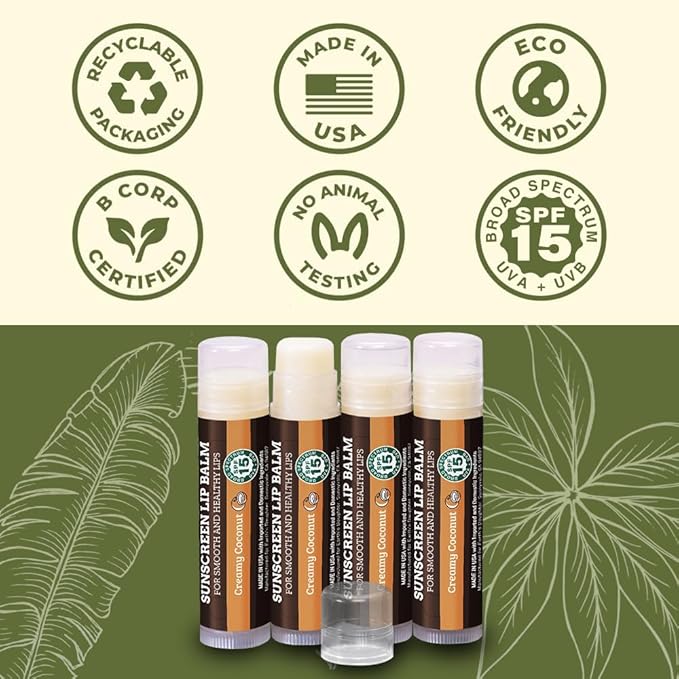SPF Lip Balm 4-Pack by Earth's Daughter - Lip Sunscreen, SPF 15, Organic Ingredients, Coconut Flavor, Beeswax, Coconut Oil, Vitamin E - Hypoallergenic, Paraben Free, Gluten Free, New
