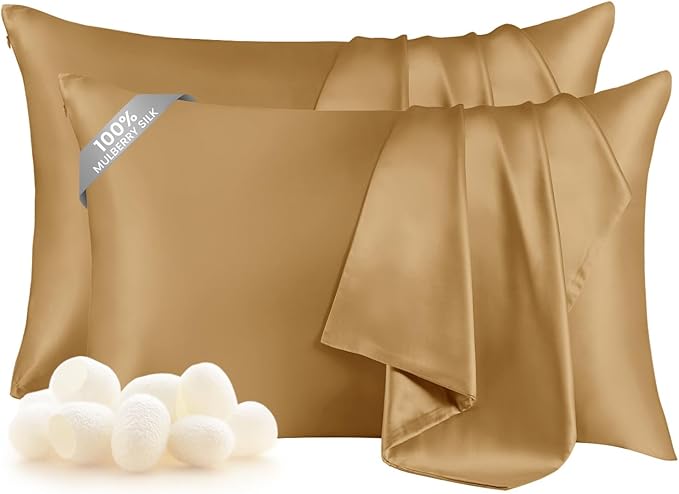 THXSILK Set of 2 100% Mulberry Silk Pillowcase for Hair and Skin, Grade 6A+ Mulberry Silk Pillow Cases with Hidden Zipper, Hypoallergenic Pillow Case Cover with Zipper(Queen 20"x30", Metallic Gold)