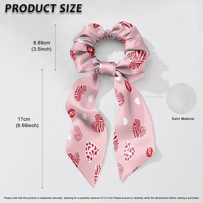 2 Piece Heart Print Ribbon Bow Elastic Hair Ties for Women Trendy Knotted Bow Valentine's Day Hair Scrunchies Soft Scarf Scrunchy with Flowing Tails