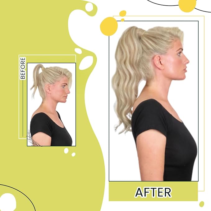 RUNATURE Ash Brown Human Hair Ponytail Extension 14 Inch Straight Ponytail Human Hair Extensions with Clips Highlighted Platinum Blonde Ponytail Hair Extensions Real Human Hair Full Ends 70 Gram