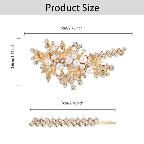 4PCS Gold Rhinestone Pearl Hair Clips, Wedding Bridal Leaf Hair Barrette, Sparkly Glitter Hair Pins Accessories for Women and Girls (Gold)