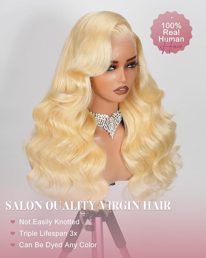22 Inch 613 13x6 Lace Front Wig Human Hair 180 Density Blonde Wig Human Hair Body Wave 100% Real Human Hair True Length Random Dyeing No Shedding No Synthetics Triple Lifespan 3X