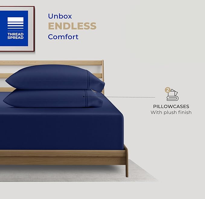 THREAD SPREAD 100% Cotton King Size Pillow Cases Set of 2-400 Thread Count Pillowcases King Size Set of 2 (Navy Blue), Luxuriously Soft Hotel Quality Sateen Weave Pillowcases, Crisp & Cool