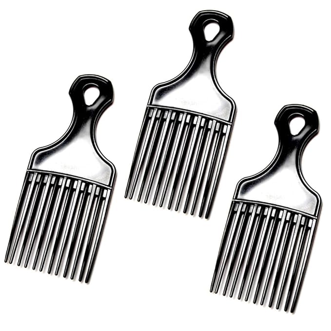 (3 Pack) 7" Black Afro Pick Lift Hair Comb Detangle Wig Braid Hair Man Styling Comb (Black)
