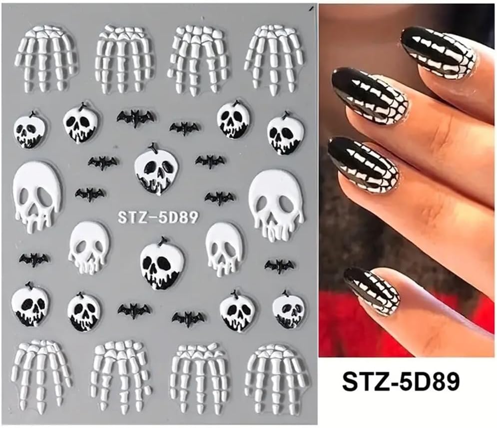 2 Pcs Halloween Nail Art Stickers 5D Embossed Scary Skull Self-Adhesive Nail Decals Halloween Stickers Bat Bones of The Dead Designs Nail Decorations Holiday DIY Acrylic Nail Accessories for Women