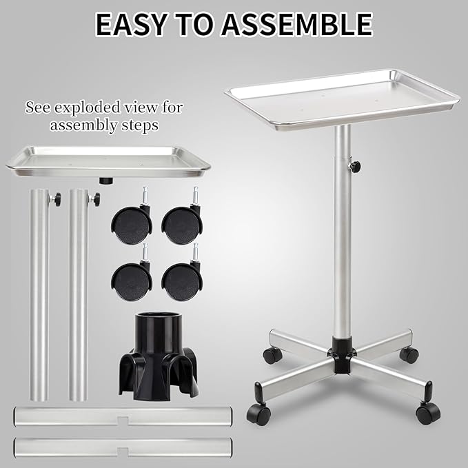 Salon Tray Cart,Instrument Tattoo Trolley Tray with Wheels Adjustable Height,Height Adjustble Hair Color Storage Tray Cart
