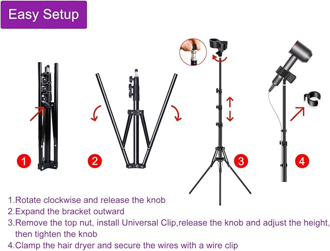 Hair Dryer Stand White 20-63 Inch Adjustable Blow Dryer Holder with Tripod and Universal Clip, Easy to Use, Hands Free Relieve Wrist Pain, Shoulder Periarthritis etc
