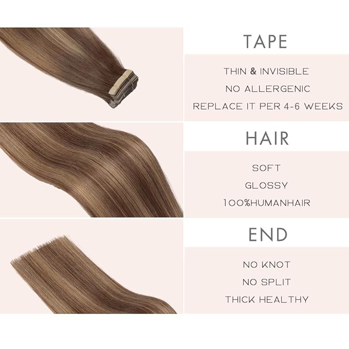 Tape in Hair Extensions Human Hair Chocolate Brown Mixed Honey Blonde Hair Extensions Real Human Hair 20pcs 14 Inch Straight Invisible Human Hair Tape in Extensions for Women (4/4/27#,14 Inch)