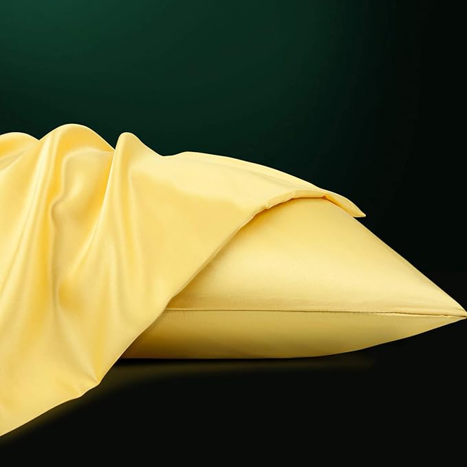 NTBAY Zippered Satin Pillow Cases for Hair and Skin, Luxury Queen Hidden Zipper Pillowcases Set of 2, 20x30 Inches, Yellow