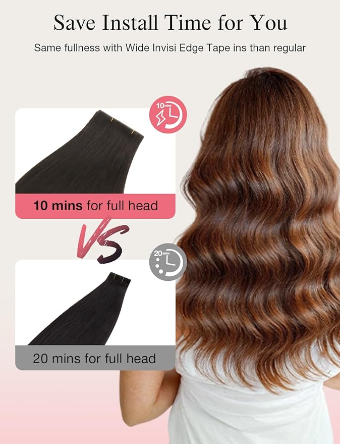 DOORES Invisi Edge Tape in Wide Hair Extensions Human Hair, Dark Brown 4PCS Injection Tape ins 20g 24 Inch, Virgin Human 3 Inch Wide Injected Extensions Invisible