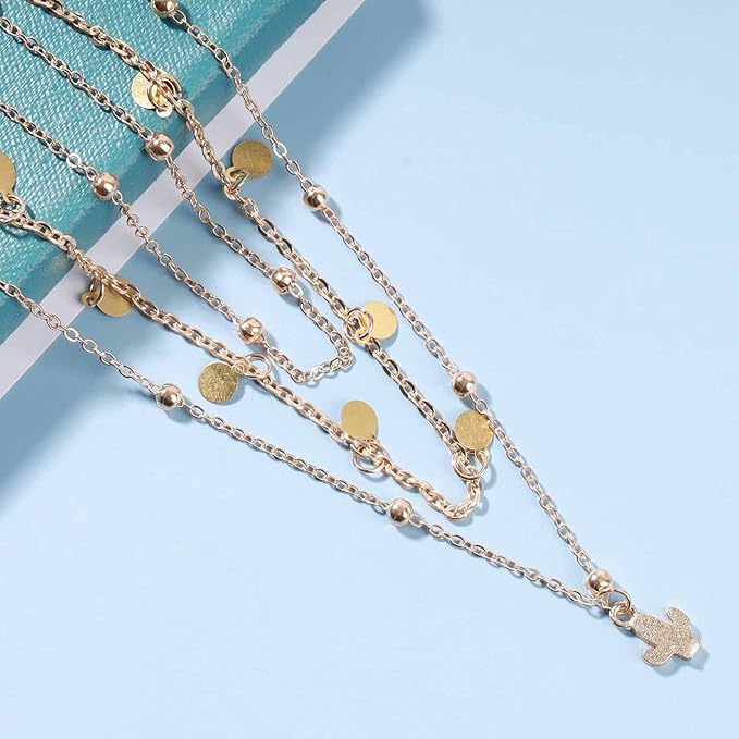 Boho Layered Disc Coin Necklace Choker Gold Cactus Pendant Necklace Stacking Satellite Chain Necklace Vintage Multilayer Necklace Chain Jewelry for Women and Girls Gifts