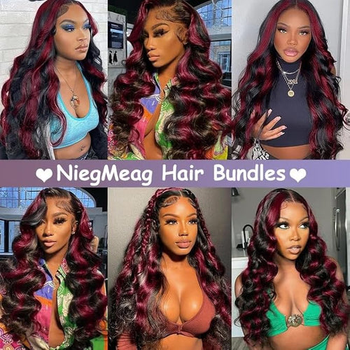 30 32 34 Inch Red Bundles Human Hair Highlight Body Wave Bundles Niegmeag Peruvian Virgin Remy Burgundy Bundle Double Weft Hair Weave