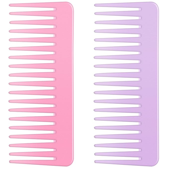 Wide Tooth and Large Detangling Comb Set for Long, Curly, Wet Hair - No Handle Styling, Shampoo & Detangling Combs (2 Pieces - Pink, Purple)