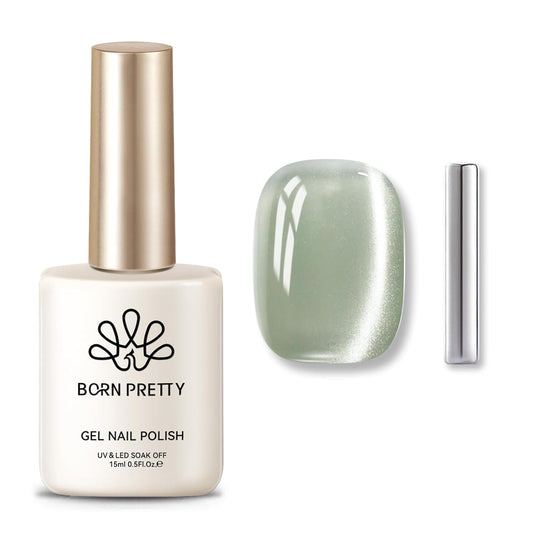 BORN PRETTY Cat Magnetic Eye Gel Nail Polish,Spring Green Jelly Glass Magnetic Gel Polish, Jade Breeze Glitter Soak Off Nail Art Salon Manicure Home Gift 15ml