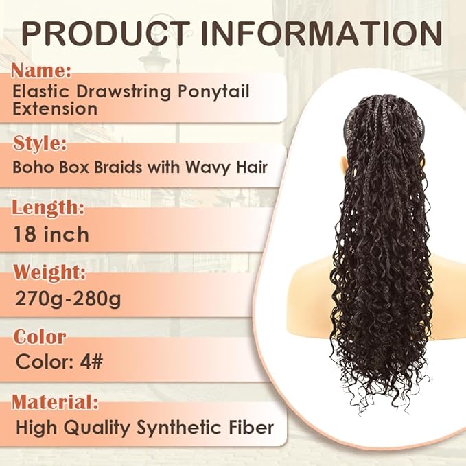 Drawstring Ponytail for Women Boho Box Braids with Long Wavy Hair Ponytail Extension Synthetic Hair Extensions Ponytail for Daily Use (4#, 18 Inch)