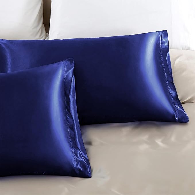 Aormenzy Satin Pillow Cases for Women King Size Set of 2, Navy Blue Satin Pillowcase for Hair with Envelope Closure Silky Pillow Covers Wrinkle, Fade Resistant (20x40 Inches)