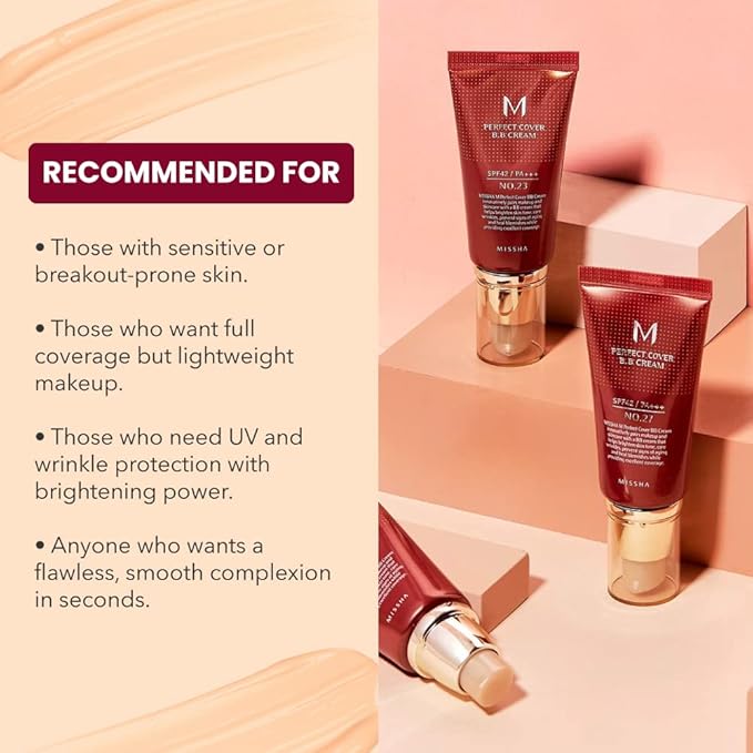 MISSHA M PERFECT COVER BB CREAM No.21 Light Beige for Bright Skin/SPF 42 PA+++ 1.69 oz & M BB Boomer 40ml -Lightweight, Multi-Function, High Coverage