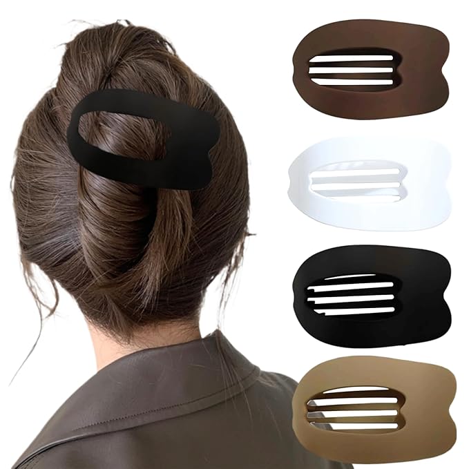 Women Flat Hair Clips,4-Pack French Large Matte Non-Slip Claw Hair Clips for Thick or Thin Hair (White, Black, Matte Khaki,Matte Dark Brown)