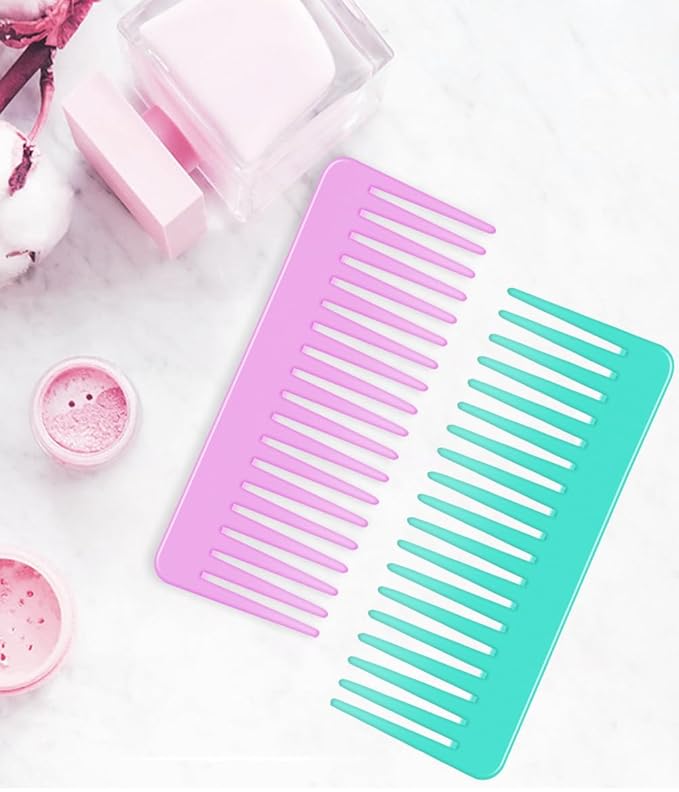Wide Tooth Detangling Comb for Long, Curly, and Wet Hair - No Handle Styling and Shampoo Comb (2 Pieces - Rose Red, Cyan)