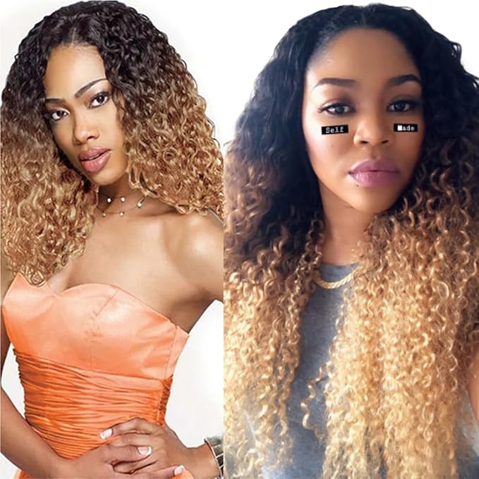 Ombre Bundles Human Hair Honey Blonde Curly Bundle 3 Tone Black and Blonde Kinky Curly Bundle Niegmeag Brazilian Virgin Soft and Silky Remy Hair 3 Bundles 24 26 28 Inch