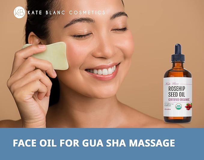 Kate Blanc Cosmetics Rosehip Oil for Face & Softer Glowing Skin (1oz, Organic, Pure, Cold Pressed) Rosehip Seed Face Oil for Facial & Gua Sha Massage