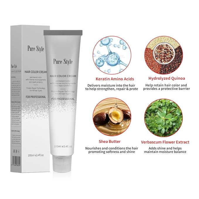 PureStyle 100g Professional Permanent Hair Color Dye Cream Ammonia Free, Long Lasting Grey Color, Natural Shine, For All Hair Types Easy At Home Application (0/11 Grey)