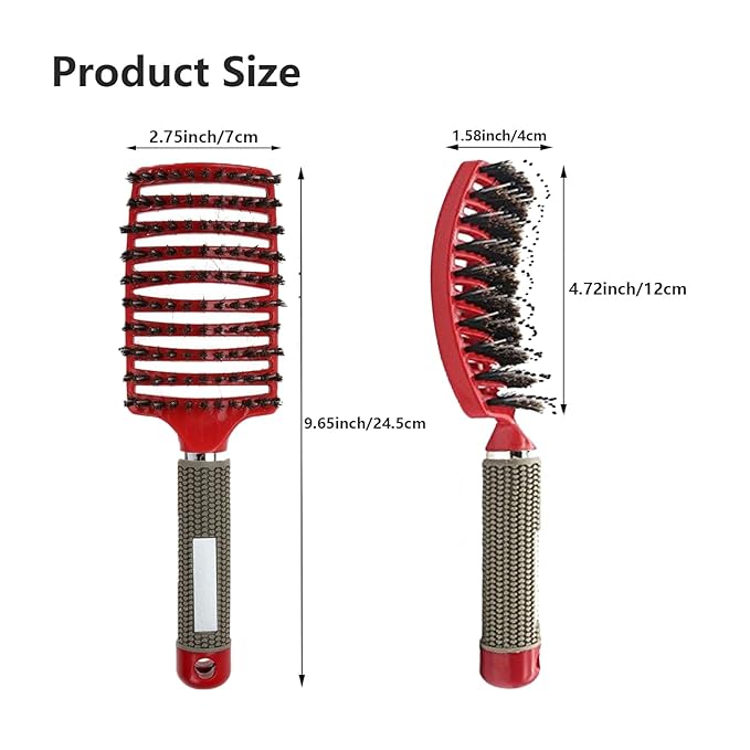 2pack Boar Bristle Hair Brush No Pull Curved Vented Hair Brushes Detangler Brush Fast Blow Drying Hair Brush for Kids Men Women Wet Dry Long Thin Thick Curly Tangled Hair (red+black)