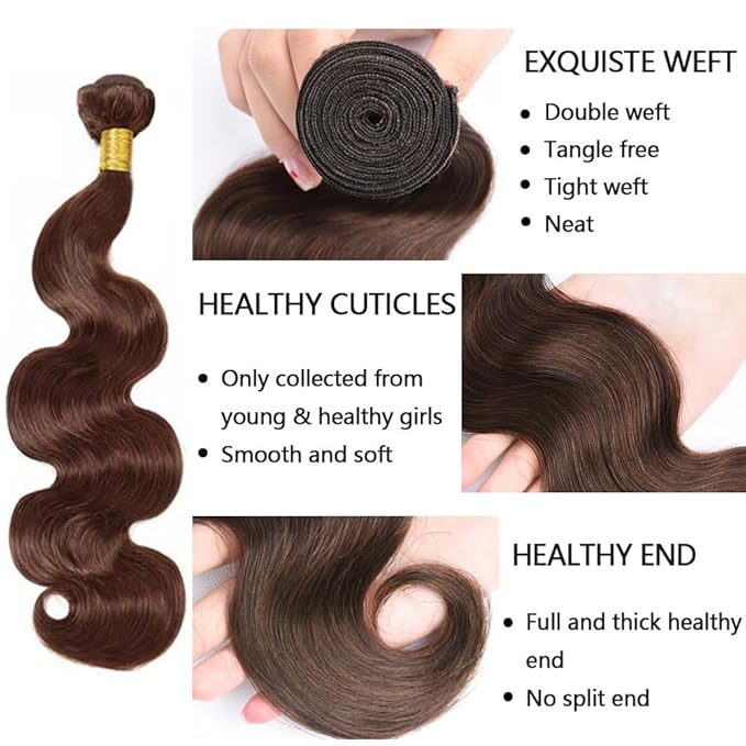 30 32 34 Inch Brown Bundles Human Hair Color 4 Body Wave Bundles Niegmeag Virgin Soft and Silky Remy Hair Extensions Double Weft Chocolate Brown Body Wave Bundle Hair Weave 150g