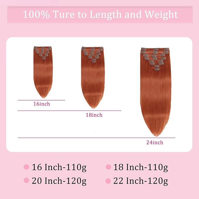 Copper Clip in Hair Extensions Real Human Hair 18inch 110g Brazilian Hair Extensions Clip in Human Hair Clip ins 8pcs with 18clips Double Weft Invisible Seamless Human Extensions for Women