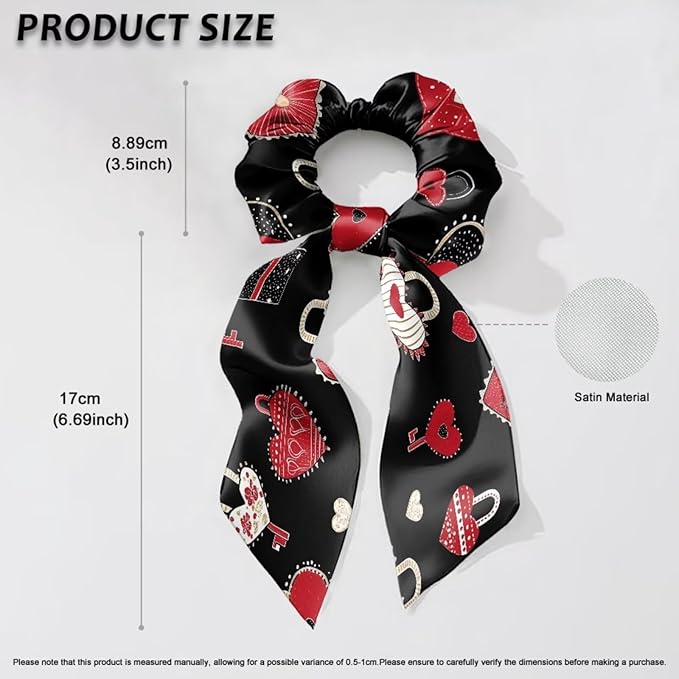 Pink Heart Bow Ribbon Scrunchies Black Hair Ties No Damage Thick Hair for Valentine's Day Satin Hair Scrunchies Pack of 2 Ponytail Holder Scraf Scrunchy