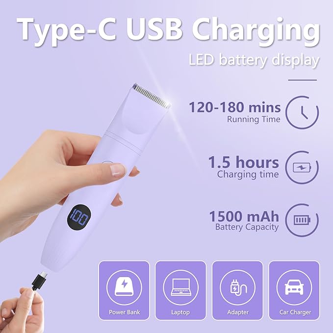 3-in-1 Bikini Trimmer for Women, IPX7 Waterproof Electric Shaver for Women-Rechargeable Electric Razors for Pubic, Facial & Body Hair Trimmer with LED Display, Travel Kit & Painless Blades (Purple)