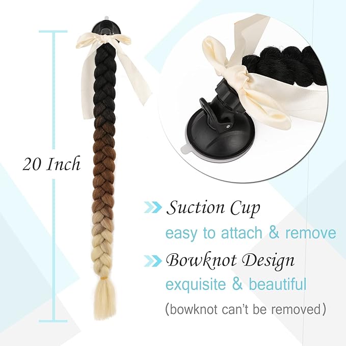SEGO 1PCS/2PCS Helmet Pigtail Braids with Detachable Suction Cup Bowknot Ponytail Hair Many Colors (Helmet not Included)