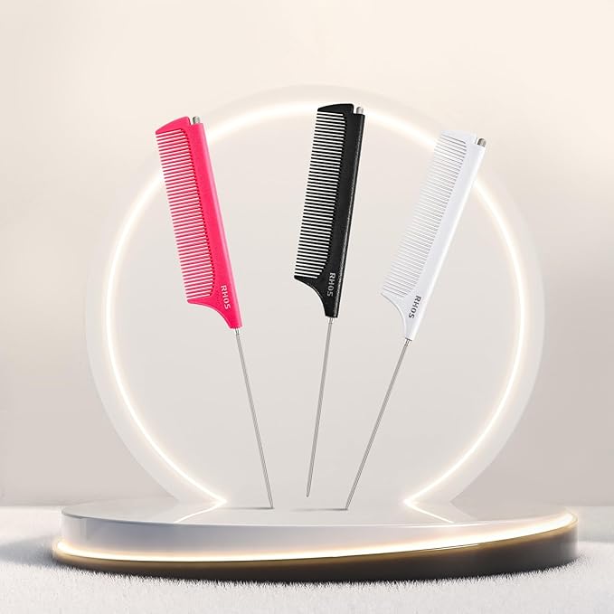 RHOS Carbon Retractable Rat Tail Parting Comb - Portable Fine Tooth Teasing Comb for Styling, Hair Cutting, Braiding with Stainless Steel Pin Tail - White