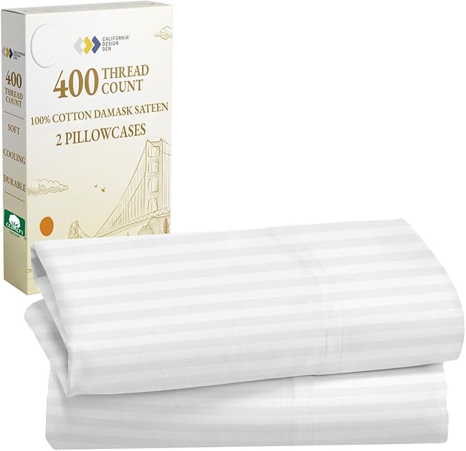 California Design Den King Size Pillowcase Set - 400 Thread Count, 100% Cotton Sateen, Set of 2 Pillow Covers, Soft and Breathable - Striped Bright White