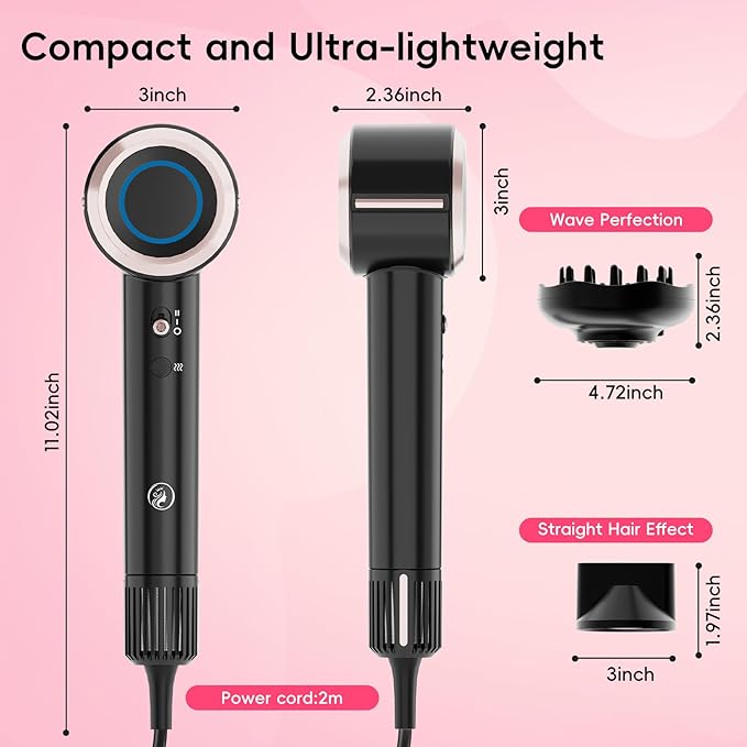CINOSTAR Hair Dryer, Fast Drying Blow Dryer with Diffuser, with 110, 000RPM Brushless Motor&Ionic Technology No Heat Damage, Lightweight for Women and Travel, Low Noise, Black Rose Gold