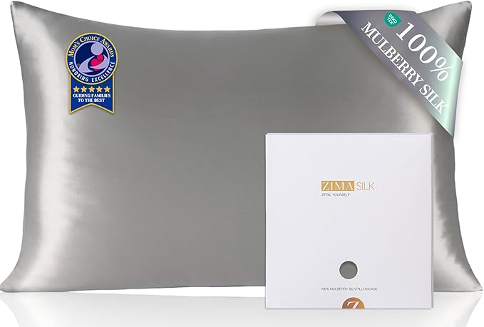 ZIMASILK 100% Pure Mulberry Silk Pillowcase for Hair and Skin Health,Soft and Smooth,Both Sides Premium Grade 6A Silk,600 Thread Count,with Hidden Zipper,1pc (King 20''x40'', Gray)