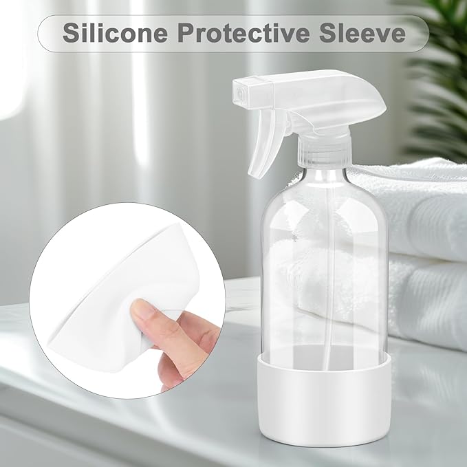 2 Pack Glass Spray Bottles with Silicone Sleeve, 16 oz Empty Refillable Containers with Adjustable Spray Nozzles, Spray Bottles for Hair, Cleaning Solutions and Plants White