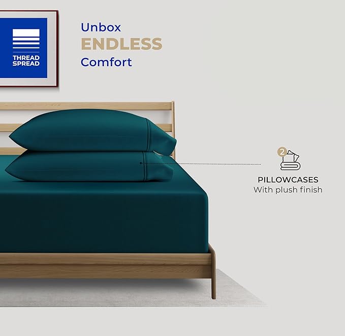 THREAD SPREAD 100% Cotton King Size Pillow Cases Set of 2-400 Thread Count Pillow Cases King Size Set of 2 (Teal), Luxuriously Soft Hotel Quality Sateen Weave Pillowcases, Crisp & Cool
