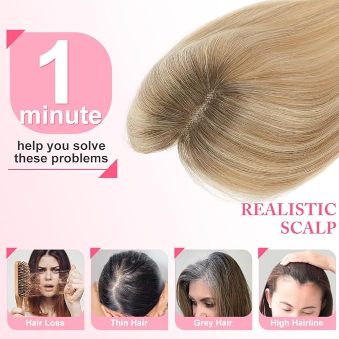 Hair Toppers for Women Real Human Hair Topper for Women with No Bangs Hairpieces Comfortable and Breathable 10 Inch Swiss Base 3D 360°Cover (Medium Brown to Creamy lced Blond, 10 Inch-3D-Side)