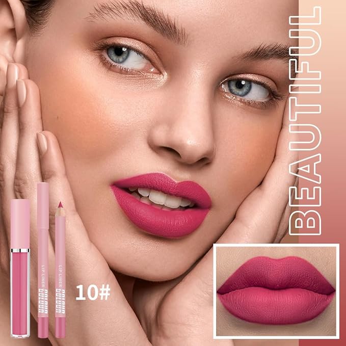 Matte Lip Liner Lip Gloss Set, Long Lasting Waterproof Lip Gloss Set, Long-Lasting And Hydrating Beauty Daily Cosmetics Gift for Girls,High Pigment Not Easy to Lip Stains, Bright Pink