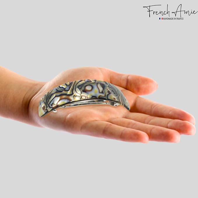 French Amie Curved Onyx Large 3 ¾” Handmade Celluloid Automatic Volume Hair Clip Barrette (Onyx Silver Grey)