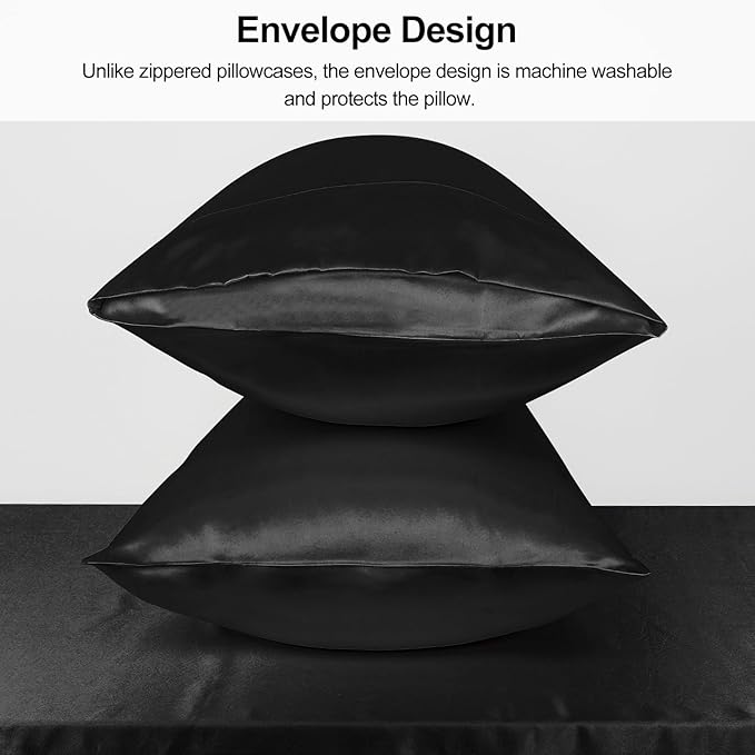 Lirex Satin Pillowcase for Hair and Skin, Super Soft and Cooling Similar to Silk, 2 Pack Queen Size 20"X 30" Pillow Cases with Envelope Closure, Gifts for Women Men, Black
