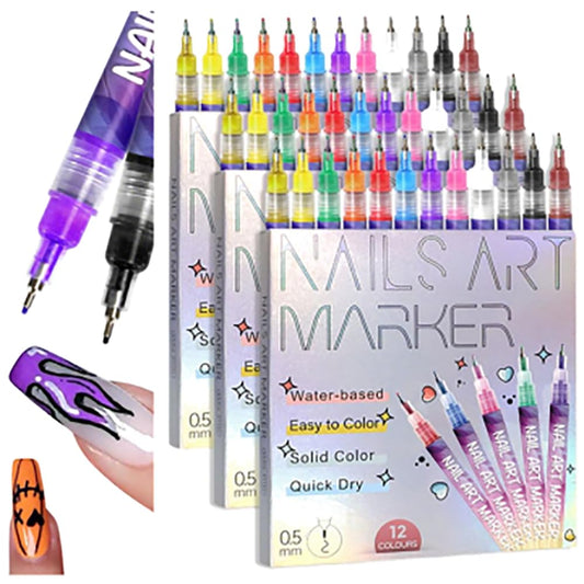 Nail Markers, 12 Colors Nail Art Pens Set Nails Art Markers Polish Pen for 3D Nail Art, Nails Arts Tools for Graffiti Dotting Drawing Painting Point Liner DIY Kit Home Nail Salon DIY (3 Set 12Color)