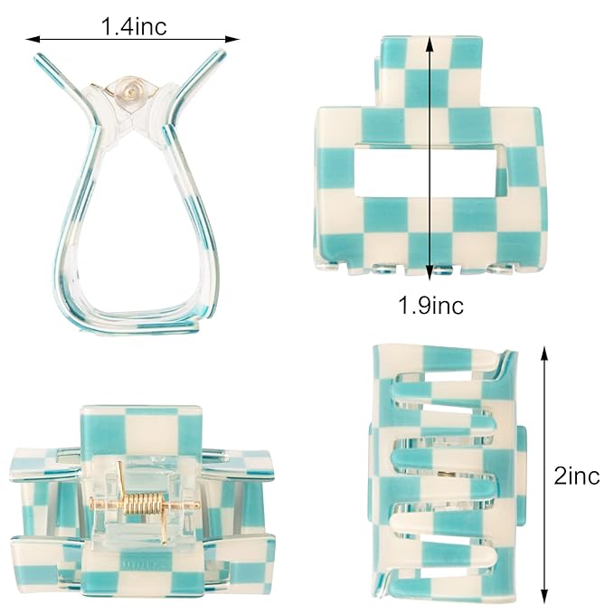 4 PCS Checkered Hair Clips (1.9 x 1.9 x 1.4 inches) for Thin or Thick Hair - Y2K Colors - Nonslip Hair Claw Clips for Women - Hair Clips Gift Set for Adult Women